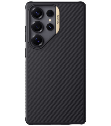 Juodas (Auksinės spalvos) dėklas Samsung Galaxy S25 Ultra telefonui "Nillkin Synthetic Fiber PRO Magnetic Hard"