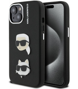 Juodas dėklas Apple iPhone 15 telefonui "Karl Lagerfeld Grained PU K&CH Heads Case"