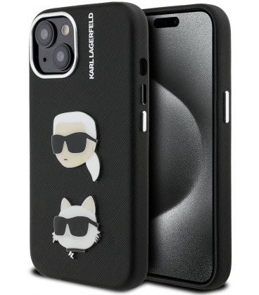 Juodas dėklas Apple iPhone 15 telefonui "Karl Lagerfeld Grained PU K&CH Heads Case"