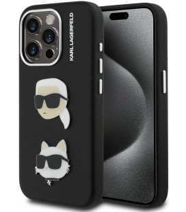 Juodas dėklas Apple iPhone 15 Pro telefonui "Karl Lagerfeld Grained PU K&CH Heads Case"