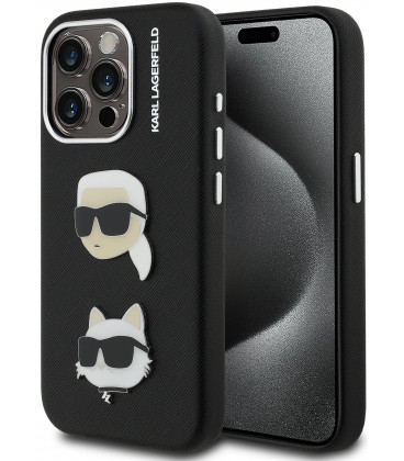 Juodas dėklas Apple iPhone 15 Pro telefonui "Karl Lagerfeld Grained PU K&CH Heads Case"