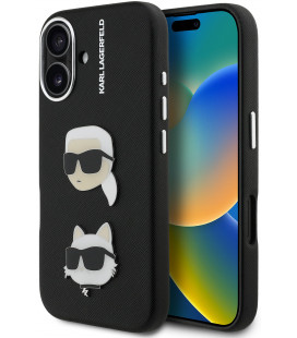 Juodas dėklas Apple iPhone 16 telefonui "Karl Lagerfeld Grained PU K&CH Heads Case"