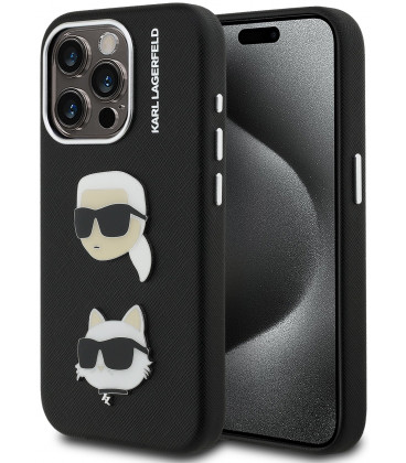 Juodas dėklas Apple iPhone 15 Pro Max telefonui "Karl Lagerfeld Grained PU K&CH Heads Case"