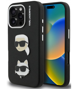 Juodas dėklas Apple iPhone 16 Pro Max telefonui "Karl Lagerfeld Grained PU K&CH Heads Case"