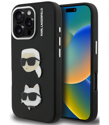 Juodas dėklas Apple iPhone 16 Pro Max telefonui "Karl Lagerfeld Grained PU K&CH Heads Case"
