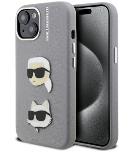 Pilkas dėklas Apple iPhone 15 telefonui "Karl Lagerfeld Grained PU K&CH Heads Case"