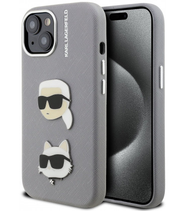 Pilkas dėklas Apple iPhone 15 telefonui "Karl Lagerfeld Grained PU K&CH Heads Case"