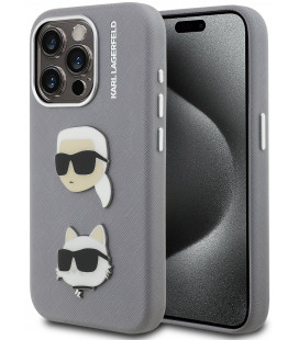 Pilkas dėklas Apple iPhone 15 Pro telefonui "Karl Lagerfeld Grained PU K&CH Heads Case"