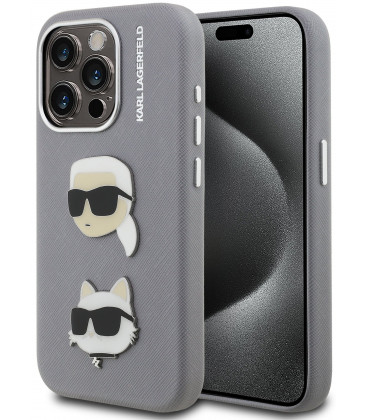 Pilkas dėklas Apple iPhone 15 Pro telefonui "Karl Lagerfeld Grained PU K&CH Heads Case"