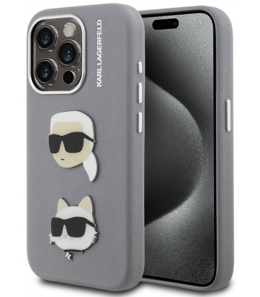 Pilkas dėklas Apple iPhone 15 Pro Max telefonui "Karl Lagerfeld Grained PU K&CH Heads Case"