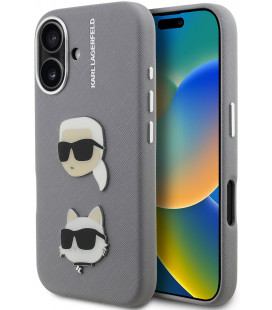 Pilkas dėklas Apple iPhone 16 telefonui "Karl Lagerfeld Grained PU K&CH Heads Case"