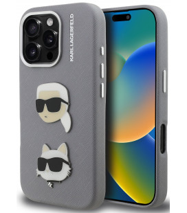 Pilkas dėklas Apple iPhone 16 Pro telefonui "Karl Lagerfeld Grained PU K&CH Heads Case"