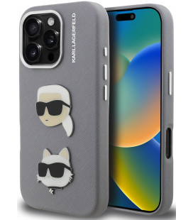 Pilkas dėklas Apple iPhone 16 Pro Max telefonui "Karl Lagerfeld Grained PU K&CH Heads Case"