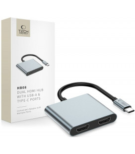 Pilkas adapteris - šakotuvas Type-C + USB2.0 + 2 x HDMI 4K 60HZ "Tech-Protect HB08 Hub 4in1"