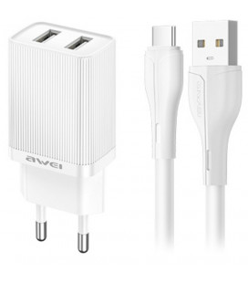 Baltas 10W 2xUSB-A pakrovėjas + 100cm USB-A - USB-C laidas "Awei C15T-EU"