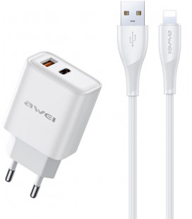 Baltas 22.5W 1xUSB-A + 1xUSB-C pakrovėjas + 100cm USB-A - Lightning laidas "Awei PD81L-EU"