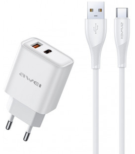 Baltas 22.5W 1xUSB-A + 1xUSB-C pakrovėjas + 100cm USB-A - USB-C laidas "Awei PD81T-EU"
