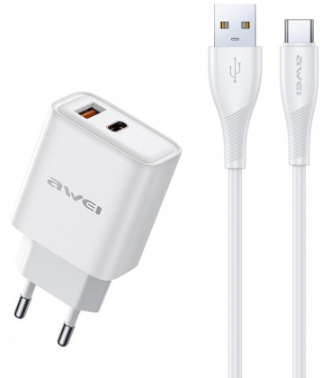Baltas 22.5W 1xUSB-A + 1xUSB-C pakrovėjas + 100cm USB-A - USB-C laidas "Awei PD81T-EU"