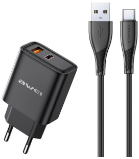 Juodas 22.5W 1xUSB-A + 1xUSB-C pakrovėjas + 100cm USB-A - USB-C laidas "Awei PD81T-EU"
