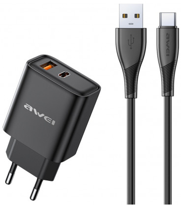 Juodas 22.5W 1xUSB-A + 1xUSB-C pakrovėjas + 100cm USB-A - USB-C laidas "Awei PD81T-EU"