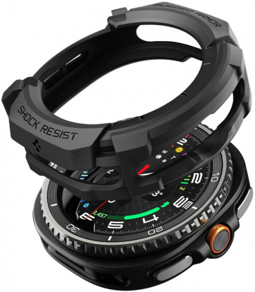 Juodas dėklas Apple Watch 8 Classic (46 mm) laikrodžiui "Spigen Rugged Armor"