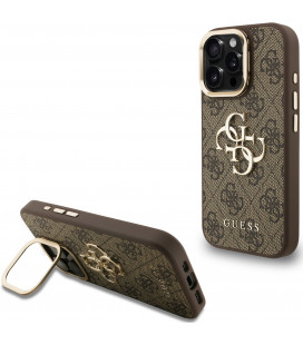 Rudas dėklas Apple iPhone 16 Pro Max telefonui "Guess PU 4G Metal Logo Stand Camera Frame Case"