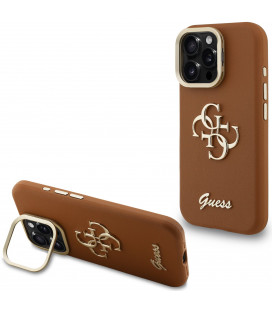 Rudas dėklas Apple iPhone 16 Pro Max telefonui "Guess PU Grained 4G Logo Stand Camera Frame Case"