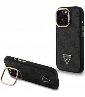 Juodas dėklas Apple iPhone 16 Pro Max telefonui "Guess PU 4G Strass Triangle Logo Stand Camera Frame MagSafe Case"