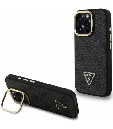 Juodas dėklas Apple iPhone 16 Pro Max telefonui "Guess PU 4G Strass Triangle Logo Stand Camera Frame MagSafe Case"