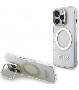 Skaidrus dėklas Apple iPhone 16 Pro Max telefonui "Guess IML Gold Outline Stand Camera Frame MagSafe Case"