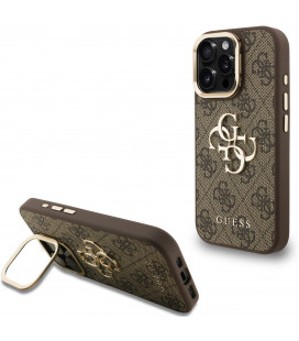 Rudas dėklas Apple iPhone 16 Pro telefonui "Guess PU 4G Metal Logo Stand Camera Frame Case"