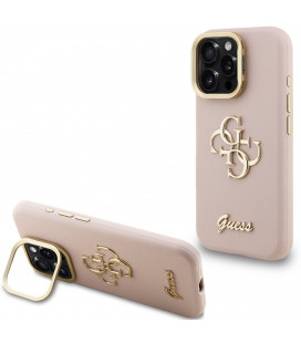 Rožinis dėklas Apple iPhone 16 Pro telefonui "Guess PU Grained 4G Logo Stand Camera Frame Case"