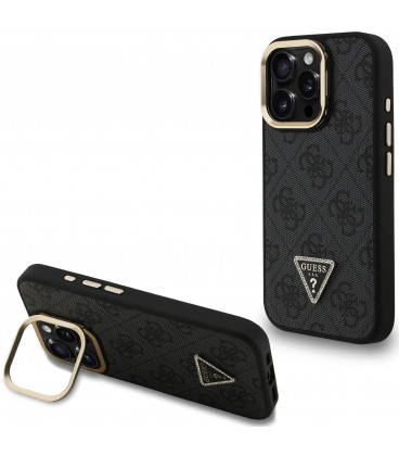Juodas dėklas Apple iPhone 16 Pro telefonui "Guess PU 4G Strass Triangle Logo Stand Camera Frame MagSafe Case"