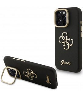 Juodas dėklas Apple iPhone 16 Pro telefonui "Guess PU Grained 4G Logo Stand Camera Frame Case"