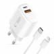 Baltas pakrovėjas 1xUSB-A + 1xUSB-C PD30W/QC3.0 + 100cm USB-C - Lightning laidas "Tech-Protect NCA30 2-Port"