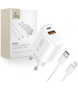 Baltas pakrovėjas 1xUSB-A + 1xUSB-C PD30W/QC3.0 + 100cm USB-C - Lightning laidas "Tech-Protect NCA30 2-Port"