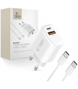 Baltas pakrovėjas 1xUSB-A + 1xUSB-C PD30W/QC3.0 + 100cm USB-C - USB-C laidas "Tech-Protect NCA30 2-Port"