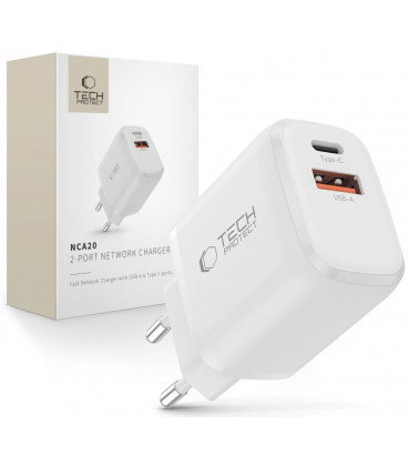 Baltas 1xUSB-A + 1xUSB-C PD 20W / QC3.0 pakrovėjas "Tech-Protect NCA20 2-Port"