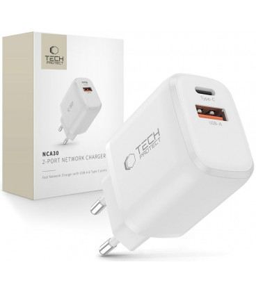 Baltas 1xUSB-A + 1xUSB-C PD30W/QC3.0 pakrovėjas "Tech-Protect NCA30 2-Port"