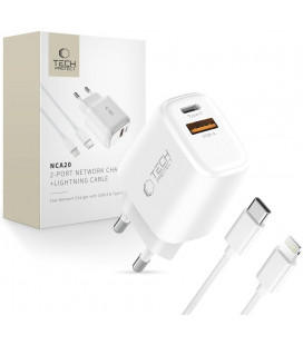 Baltas pakrovėjas 1xUSB-A + 1xUSB-C PD20W/QC3.0 + 100cm USB-C - Lightning laidas "Tech-Protect NCA20 2-Port"
