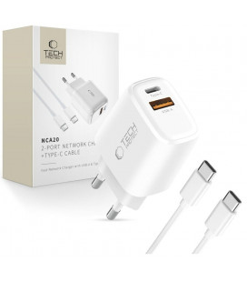 Baltas pakrovėjas 1xUSB-A + 1xUSB-C PD20W/QC3.0 + 100cm USB-C - USB-C laidas "Tech-Protect NCA20 2-Port"