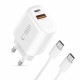 Baltas pakrovėjas 1xUSB-A + 1xUSB-C PD20W/QC3.0 + 100cm USB-C - USB-C laidas "Tech-Protect NCA20 2-Port"
