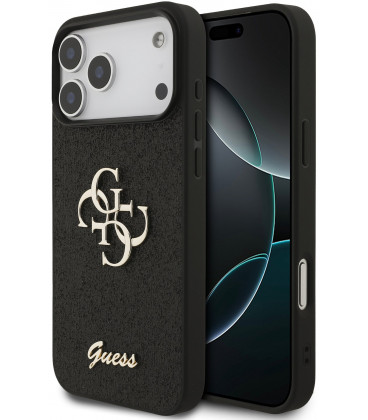 Juodas dėklas Apple iPhone 17 Pro Max telefonui "Guess PU Fixed Glitter 4G Metal Logo Case"