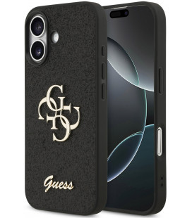 Juodas dėklas Apple iPhone 17 telefonui "Guess PU Fixed Glitter 4G Metal Logo Case"