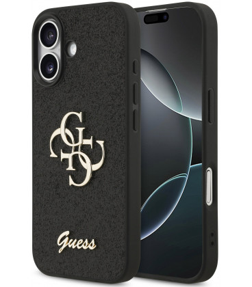 Juodas dėklas Apple iPhone 17 telefonui "Guess PU Fixed Glitter 4G Metal Logo Case"