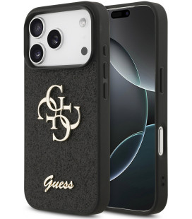Juodas dėklas Apple iPhone 17 Pro telefonui "Guess PU Fixed Glitter 4G Metal Logo Case"