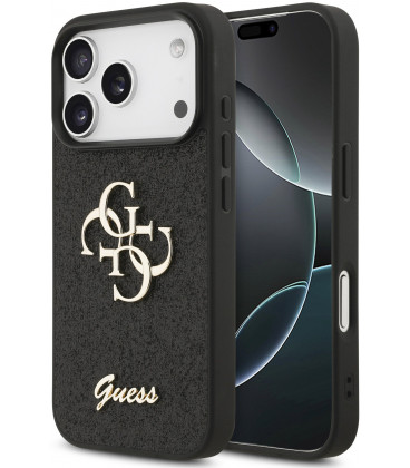 Juodas dėklas Apple iPhone 17 Pro telefonui "Guess PU Fixed Glitter 4G Metal Logo Case"