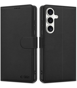 Juodas atverčiamas dėklas Samsung Galaxy S25 FE telefonui "Tech-Protect Wallet"