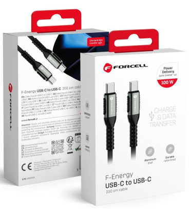 Juodas USB-C - USB-C QC4.0 PD 5A 100W Cafule 200cm laidas "Forcell F-ENERGY C260"