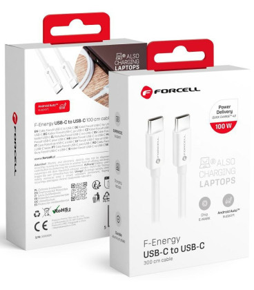 Baltas USB-C - USB-C QC4.0 PD 5A 100W 300cm laidas "Forcell F-ENERGY C339"